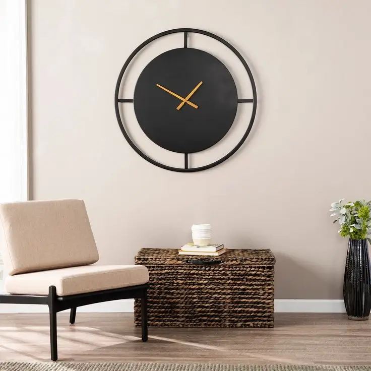 A large statement wall clock in a living room.